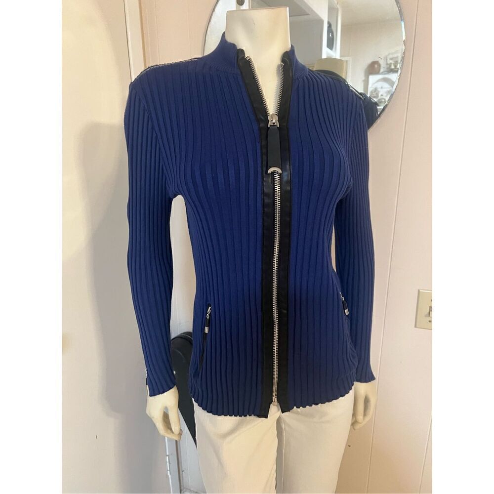 Jamie Saddock Blue Stretchy Ribbed Zip Front & Sleeves black faux leather Trmmed